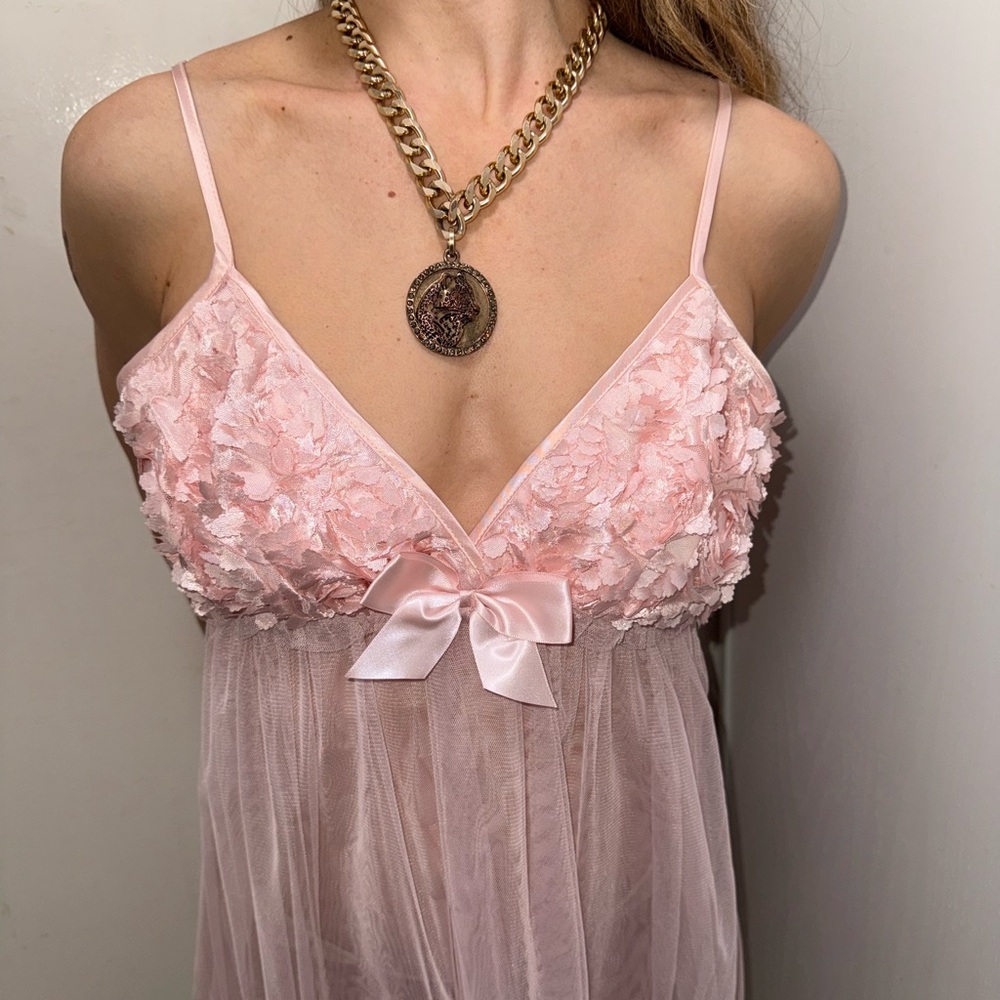 Delicate Pink Floral Mesh Babydoll Nightdress